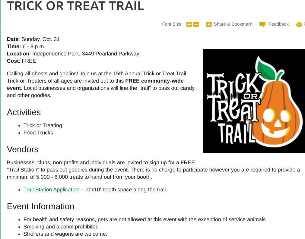 Trick r Treat Pearland Event Independence Park Oct 31st!